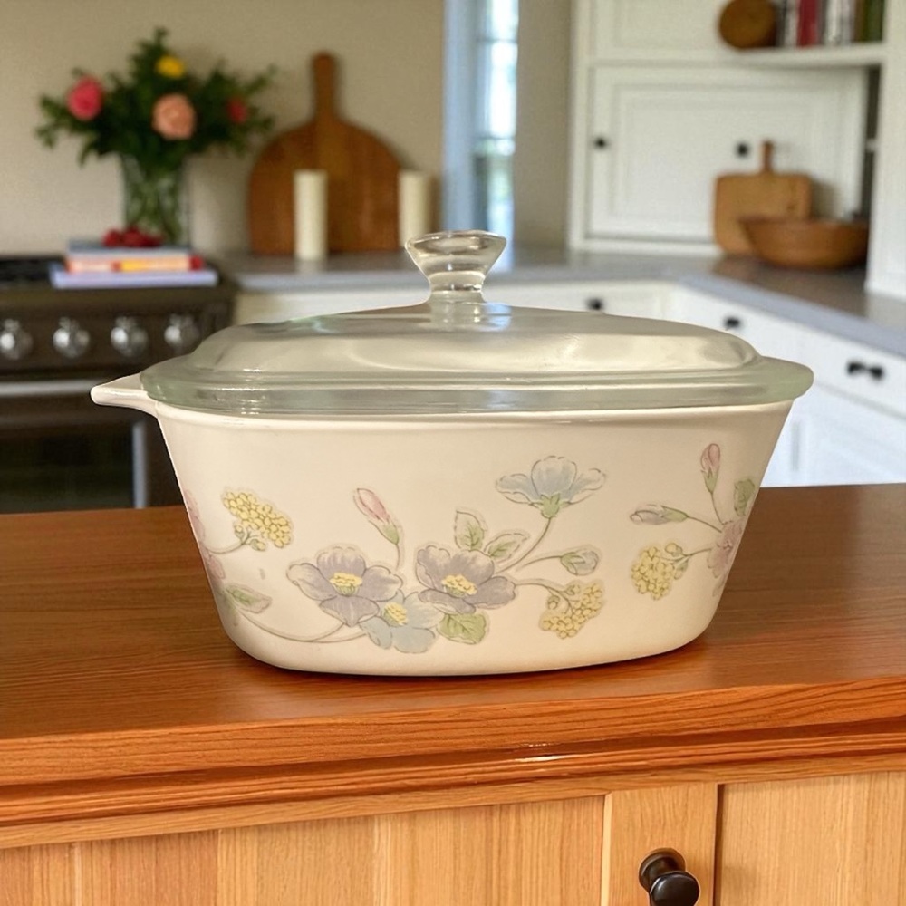 Pastel Bouquet Corning Ware Vintage Baking dish with original glass lid